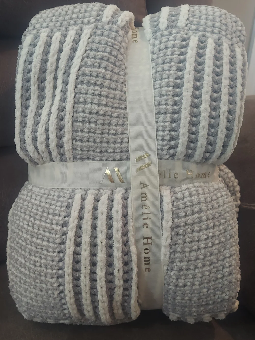Amelie Gray & White Striped Plush Throw Blanket Chenille